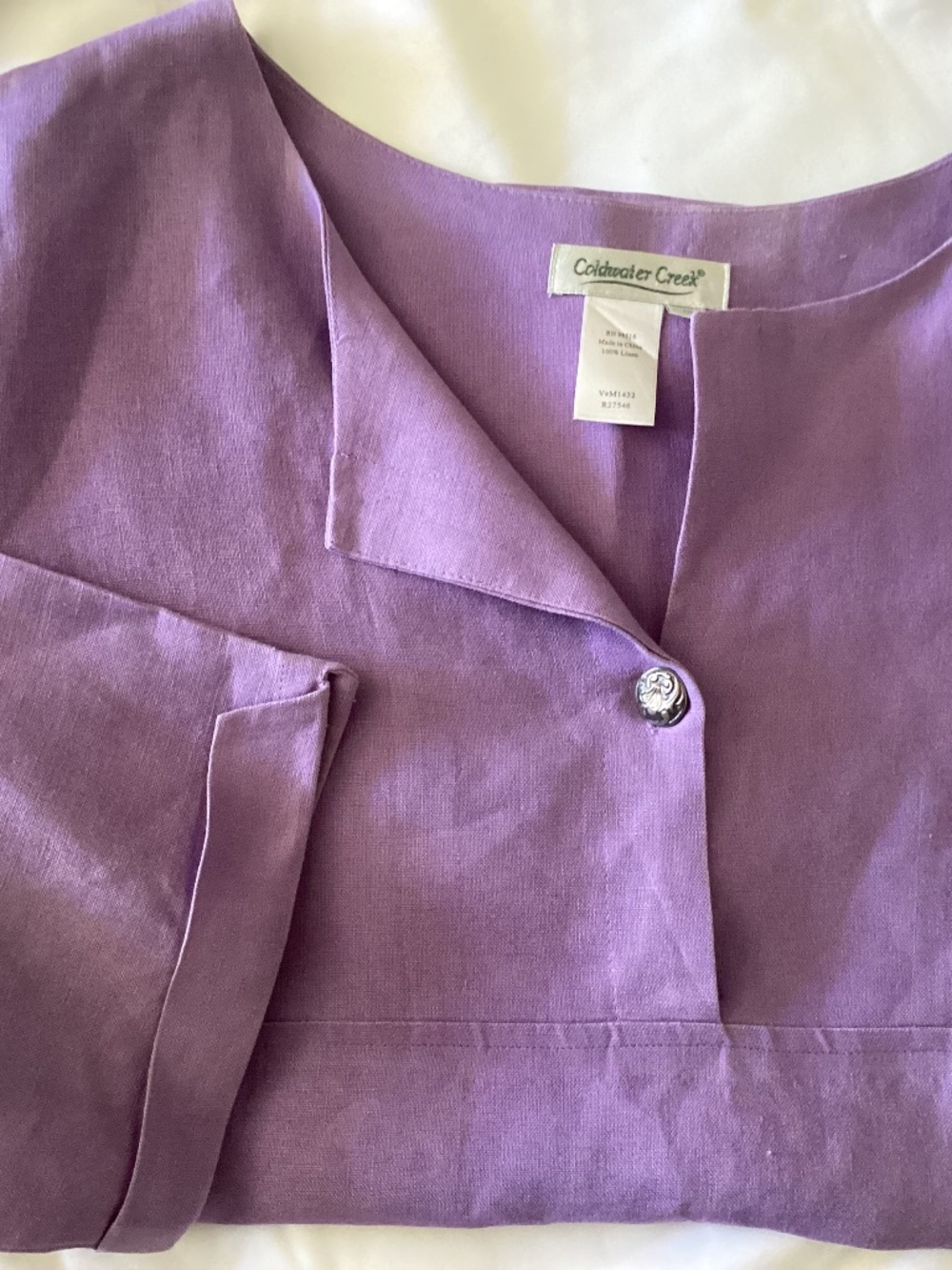 Coldwater Creek Ladies 100% Linen Lavender Collared V-Neck 3/4 Sleeve Size M